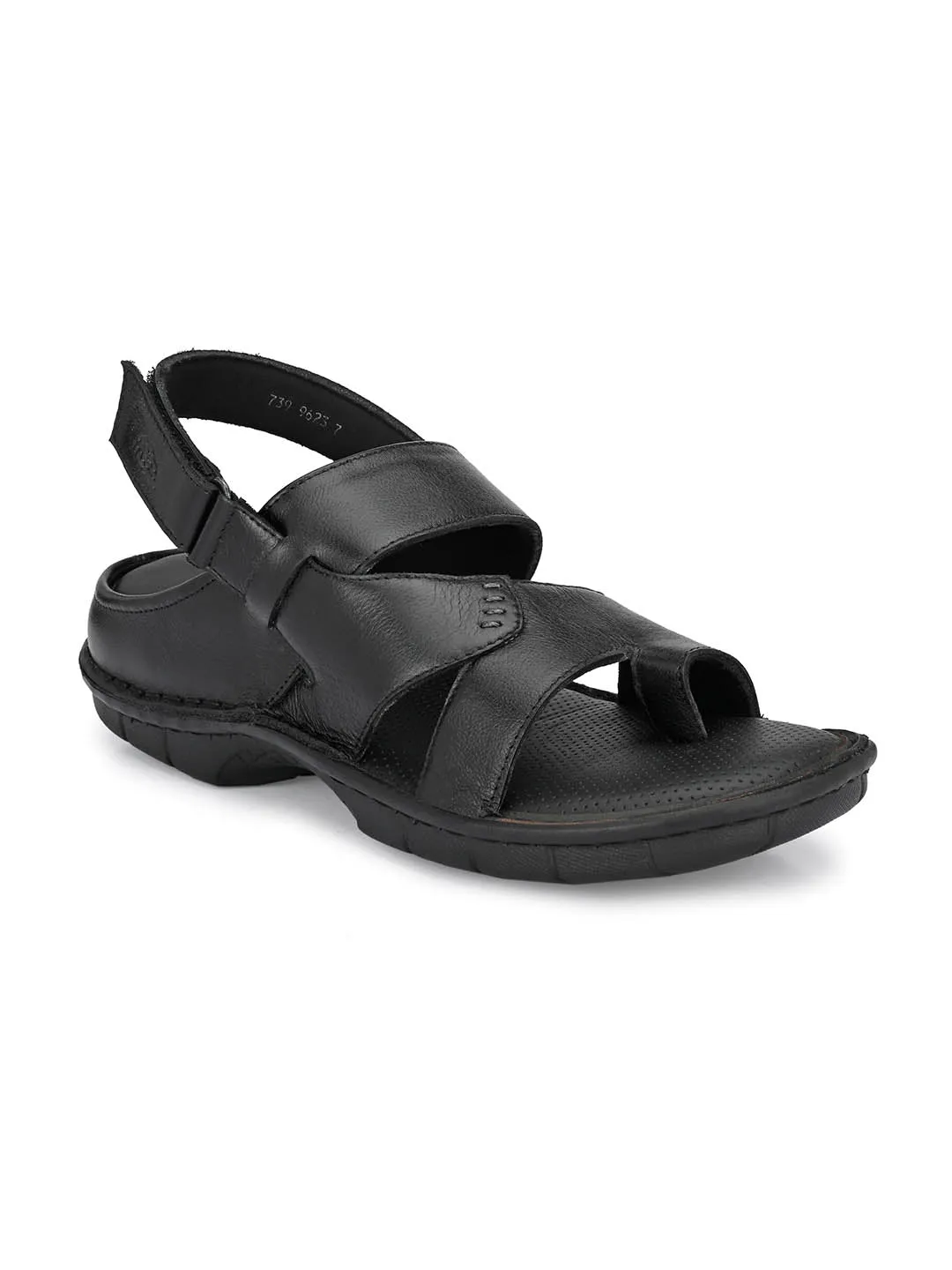 Hitz Men's Black Leather Toe Ring Comfort Sandals with Velcro Closure