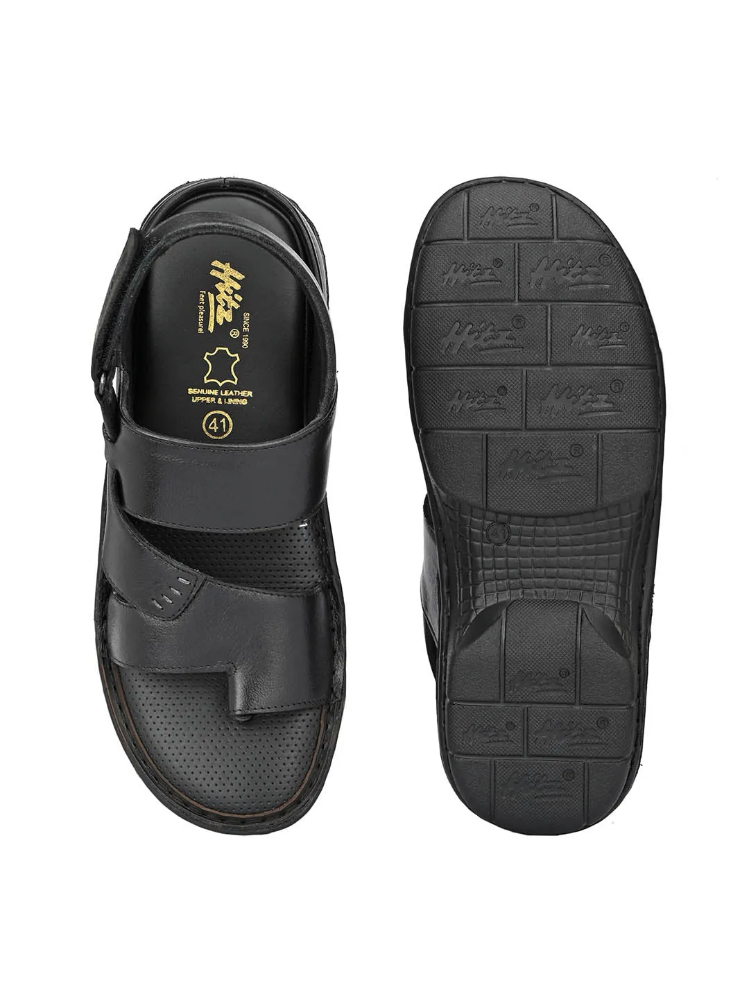 Hitz Men's Black Leather Toe Ring Comfort Sandals with Velcro Closure