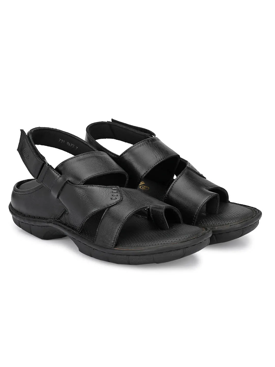 Hitz Men's Black Leather Toe Ring Comfort Sandals with Velcro Closure