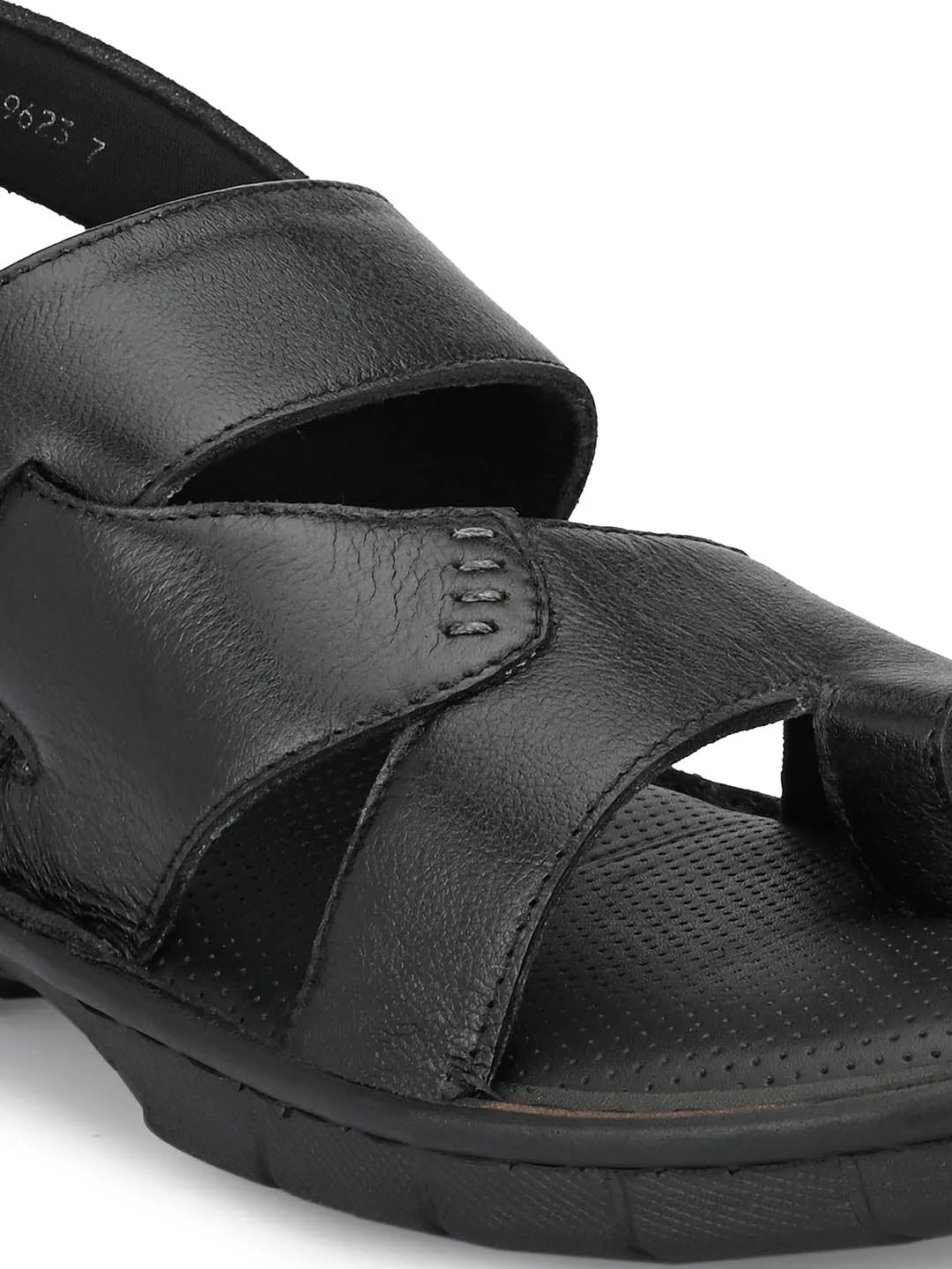 Hitz Men's Black Leather Toe Ring Comfort Sandals with Velcro Closure