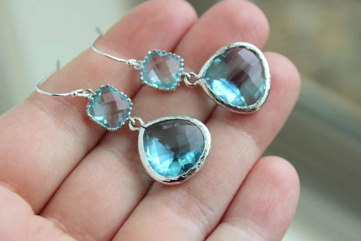 Large Silver Aquamarine Earrings Aqua Blue Jewelry - Aquamarine Bridesmaid Earrings Blue Wedding Earrings Something Blue Jewelry - Turquoise