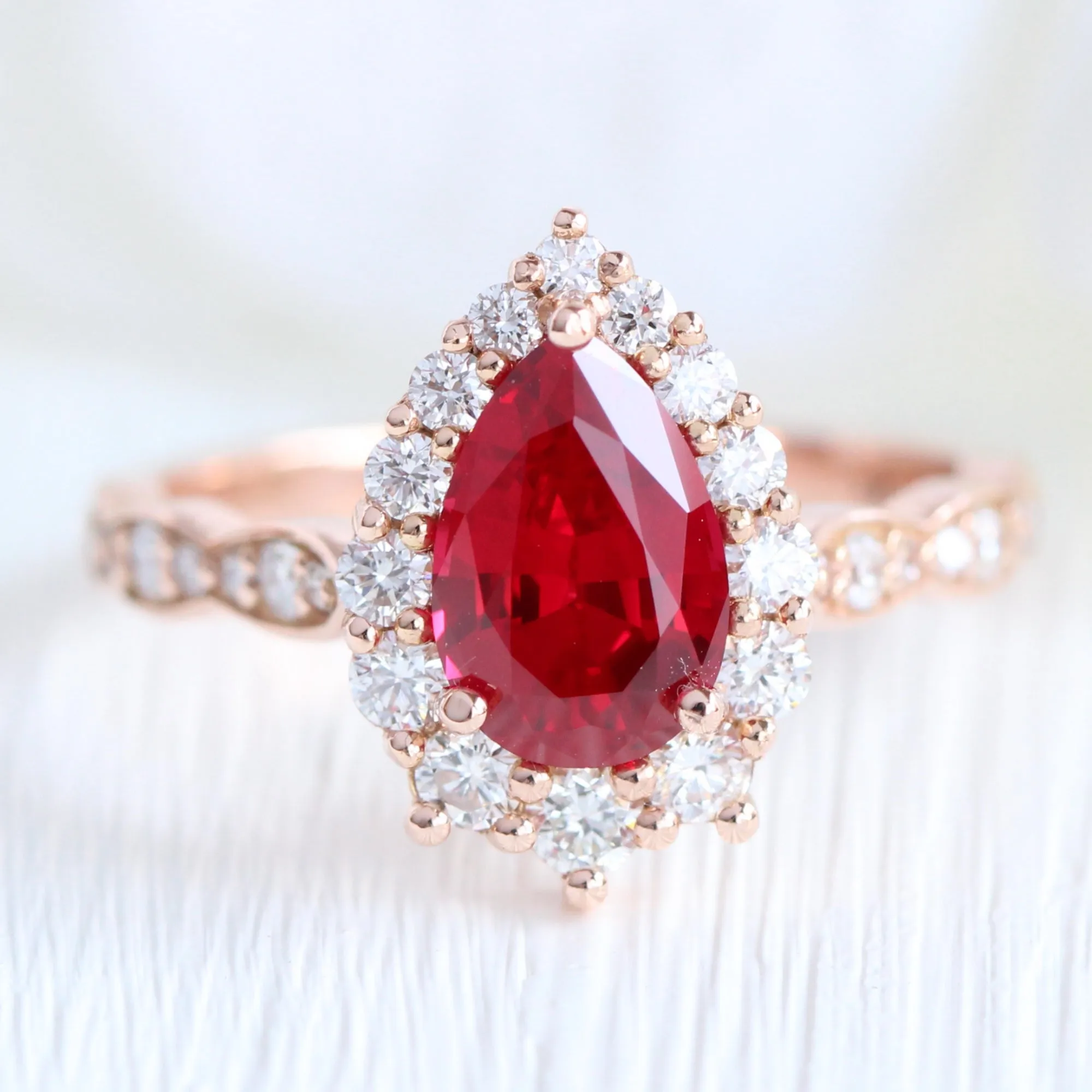 Large Tiara Halo Pear Ruby Ring Set w/ 7 Diamond U Shaped Scalloped Wedding Band