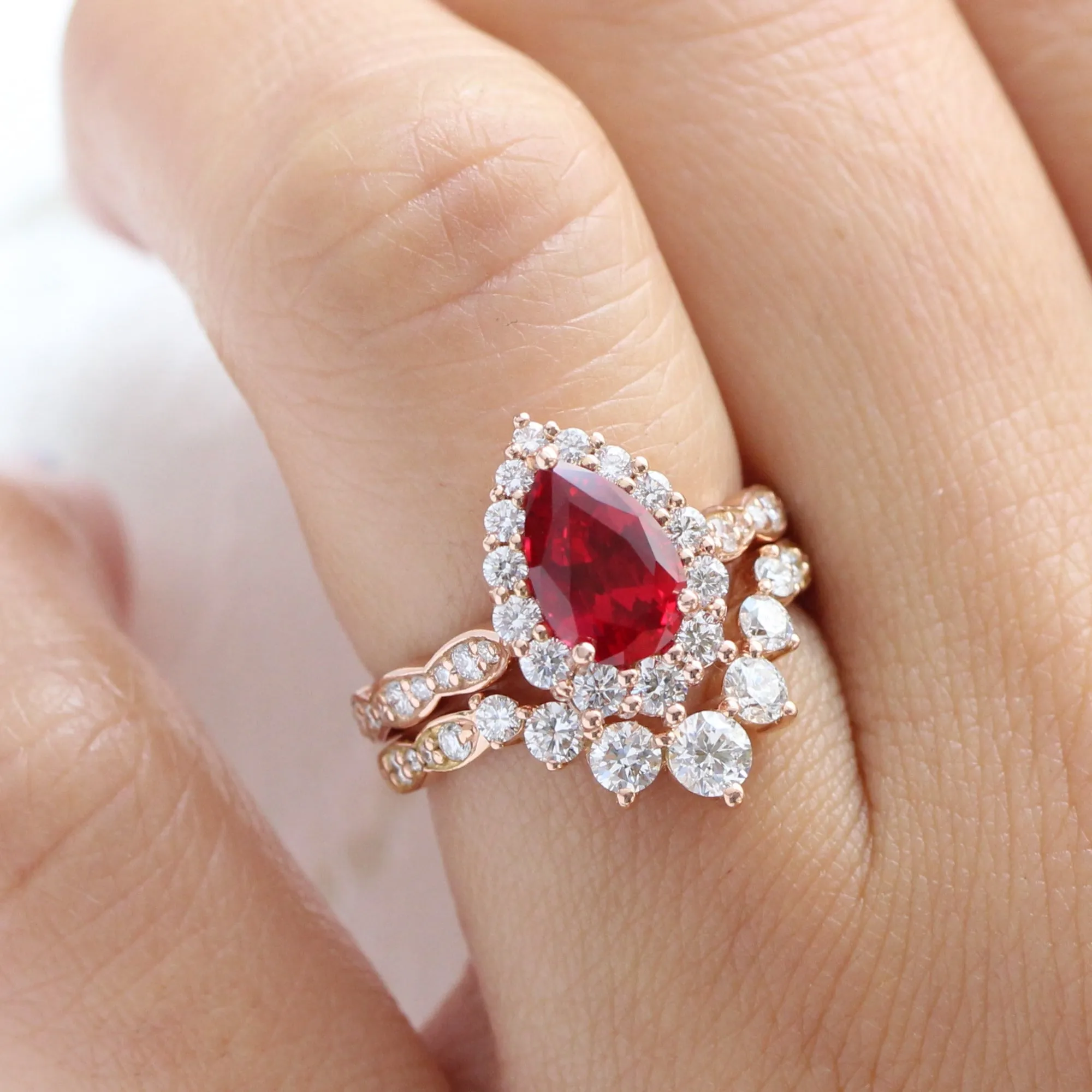 Large Tiara Halo Pear Ruby Ring Set w/ 7 Diamond U Shaped Scalloped Wedding Band