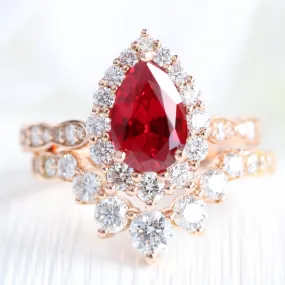 Large Tiara Halo Pear Ruby Ring Set w/ 7 Diamond U Shaped Scalloped Wedding Band