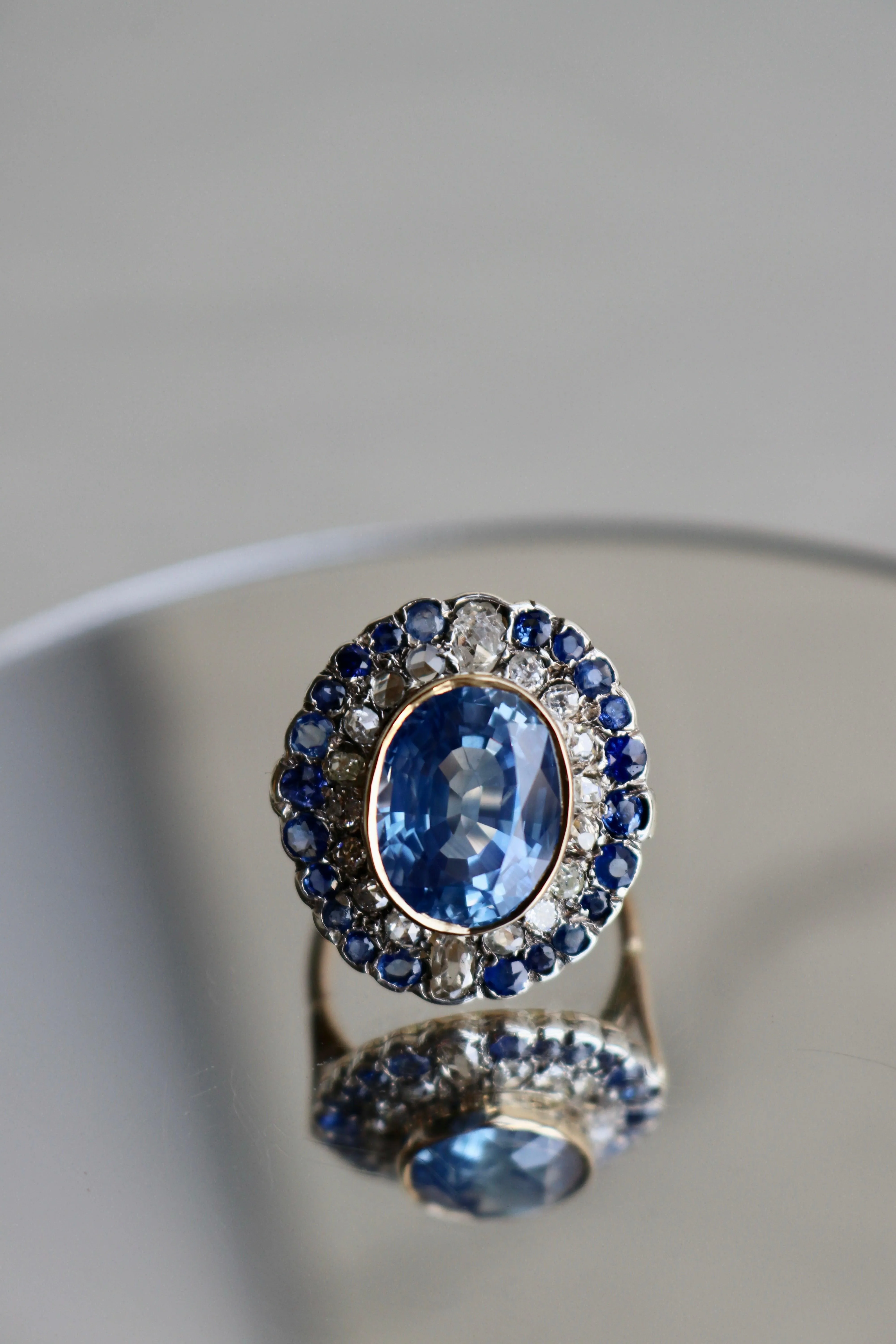 Late Victorian 10.07 Carat Sapphire and Diamond Silver 10k White Gold Cluster Ring