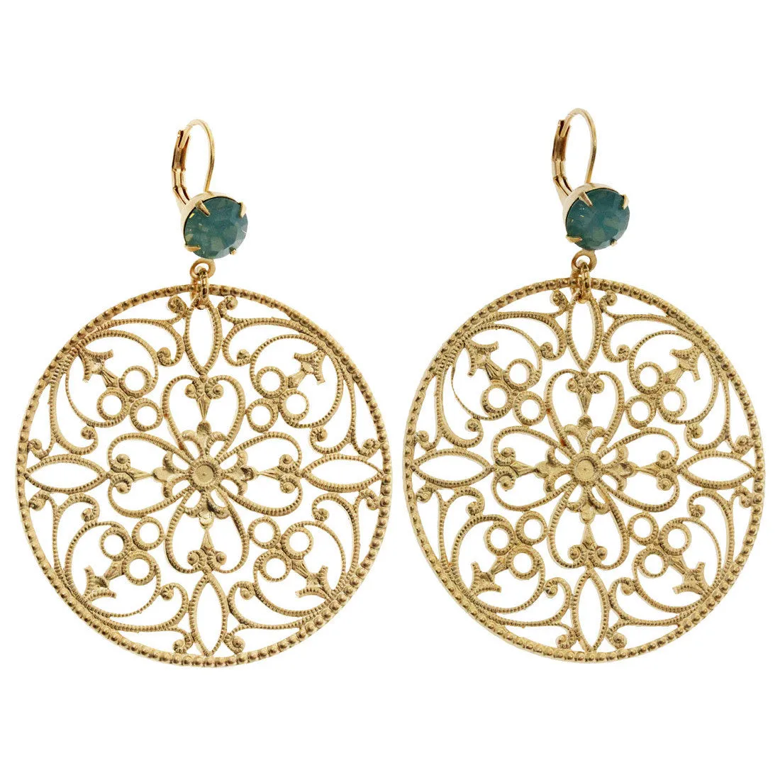 Liz Palacios 14k Gold Plated Hoop Filigree Floral Swarovski Earrings, MAE-9 Pacific Opal