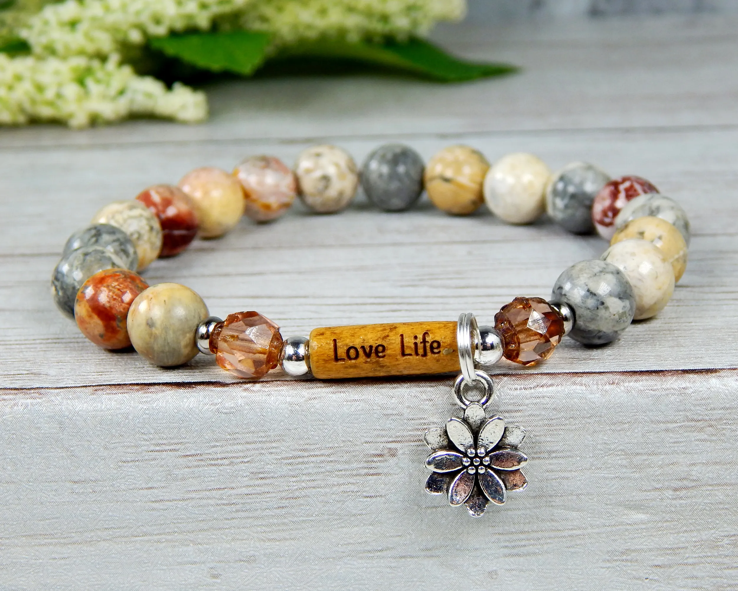 Love Life Jasper Beaded Bracelet - Lotus Flower Charm and Word Bead Message Jewelry