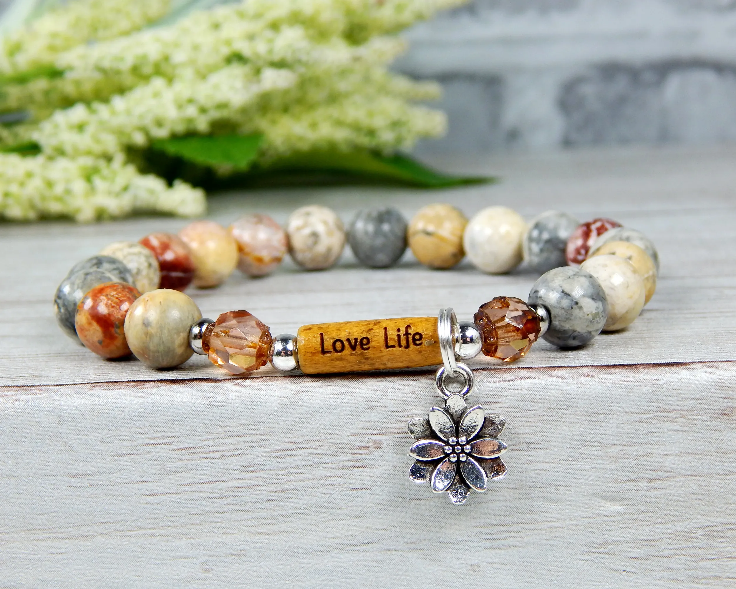 Love Life Jasper Beaded Bracelet - Lotus Flower Charm and Word Bead Message Jewelry