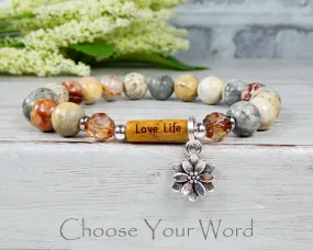 Love Life Jasper Beaded Bracelet - Lotus Flower Charm and Word Bead Message Jewelry