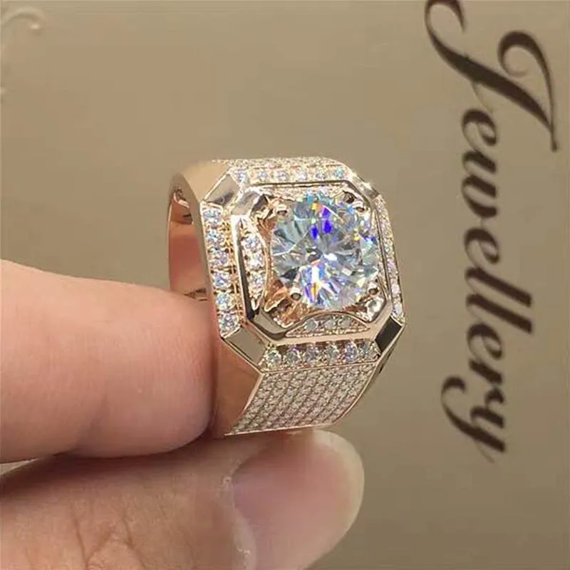 Luxurious Men's Rose Gold Natural Birthstone Crystal Finger Ring Anniversary Gift Banquet Engagement Wedding