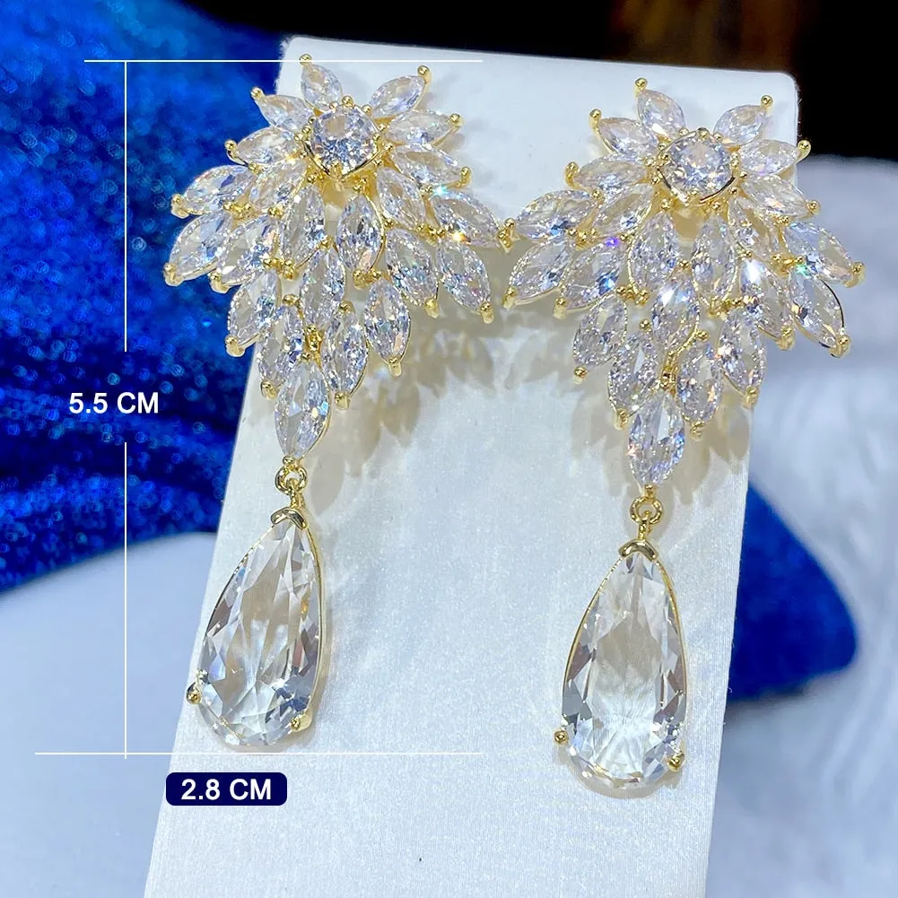 Luxury Cubic Zirconia Long  Water Drop Pendant Wedding Party Earrings