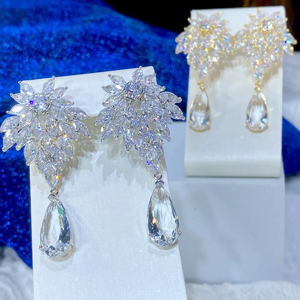 Luxury Cubic Zirconia Long  Water Drop Pendant Wedding Party Earrings