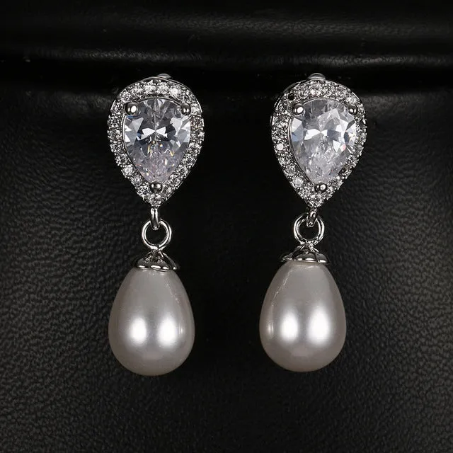 Luxury Elegant Water Drop Bridal Pearl AAA Cubic Zirconia Long Drop Earrings