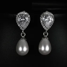 Luxury Elegant Water Drop Bridal Pearl AAA Cubic Zirconia Long Drop Earrings