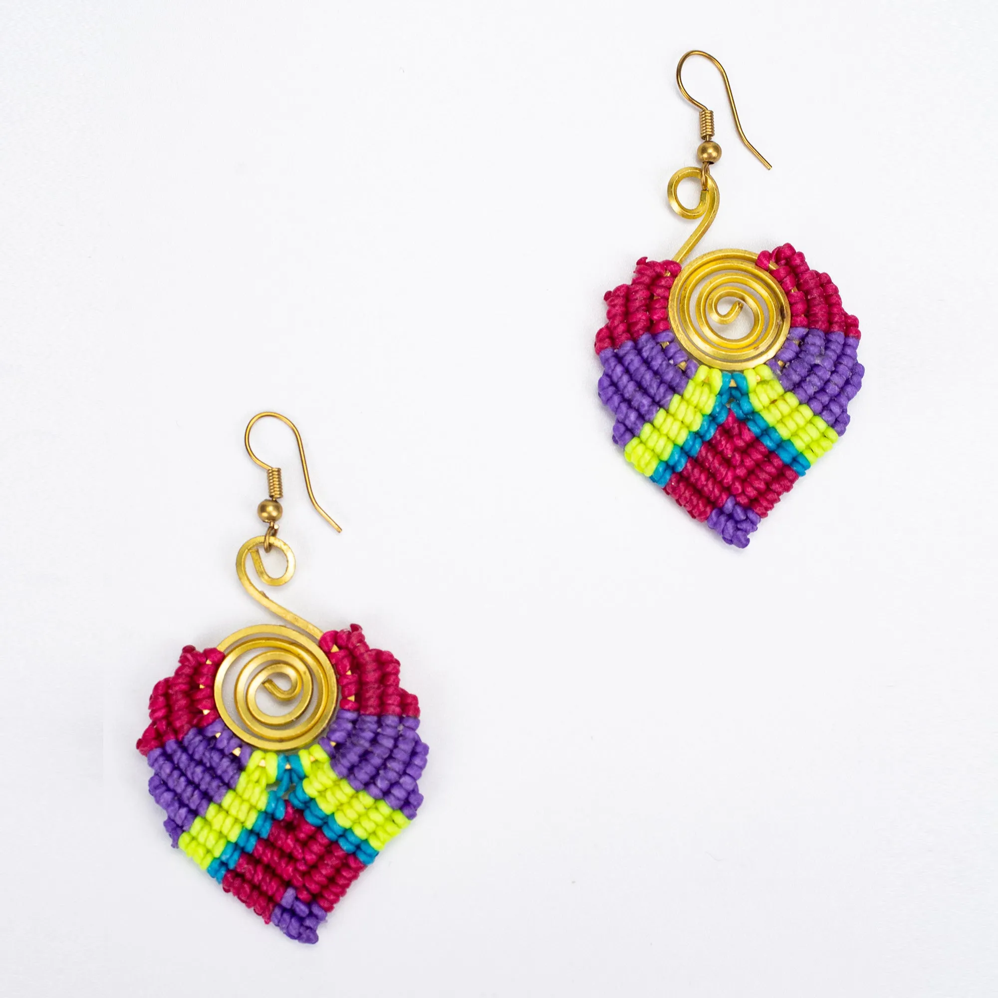 Magenta Purple Waxed String Spiral Brass Earrings