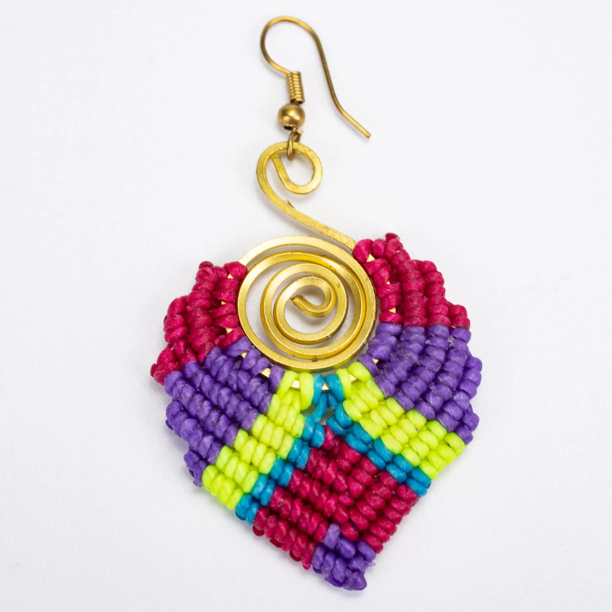 Magenta Purple Waxed String Spiral Brass Earrings