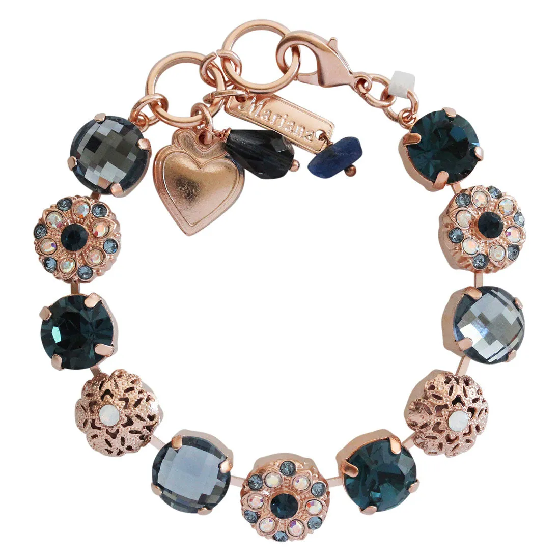 Mariana "Mood Indigo" Rose Gold Plated Filigree Floral Statement Crystal Mosaic Bracelet, 4213 1069rg