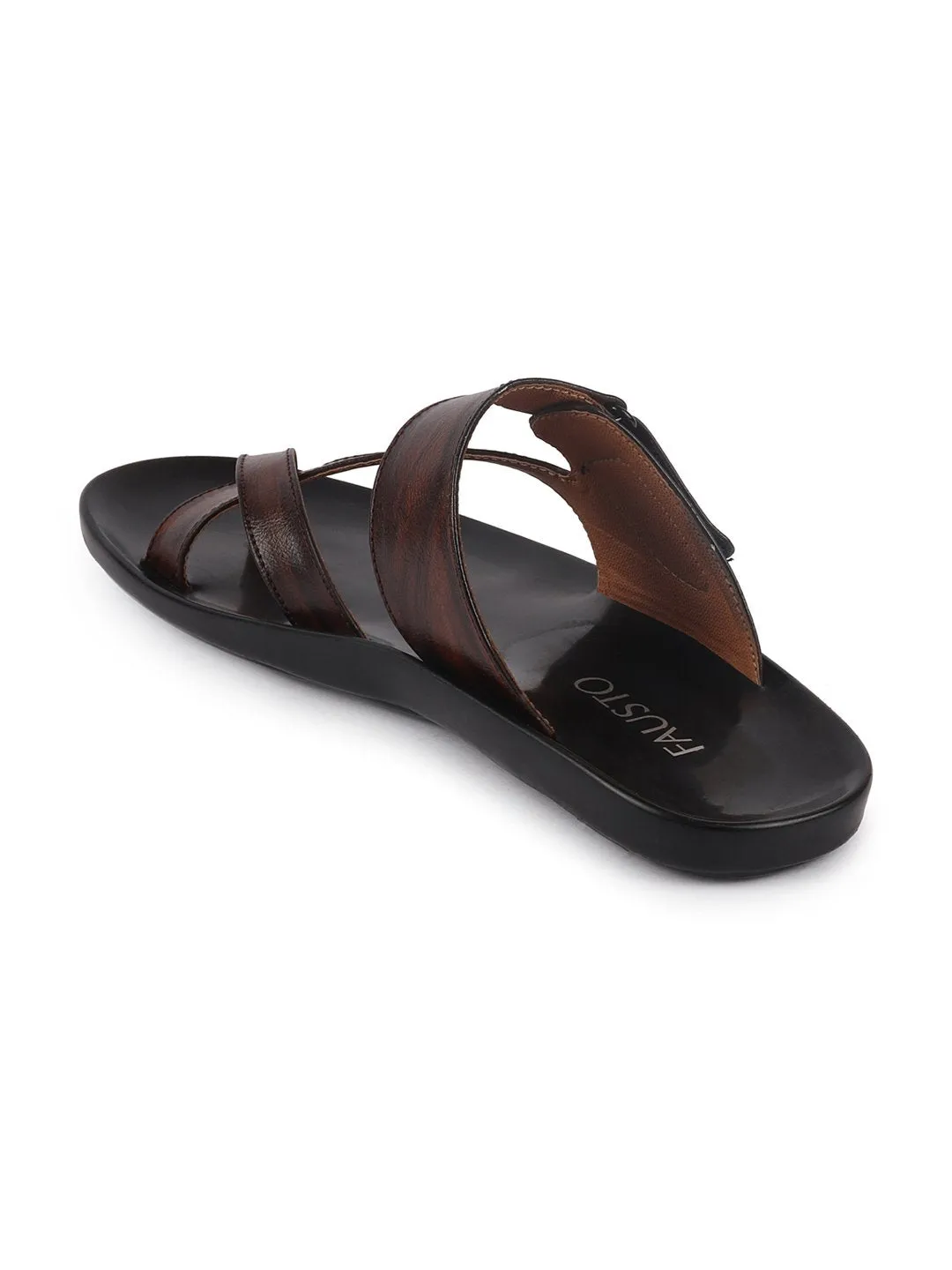 Men Brown Hook & Loop Criss Cross Toe Ring Slipper