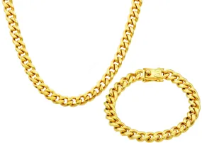 Mens 10mm Gold Stainless Steel Miami Cuban Link Chain With Box Clasp Set