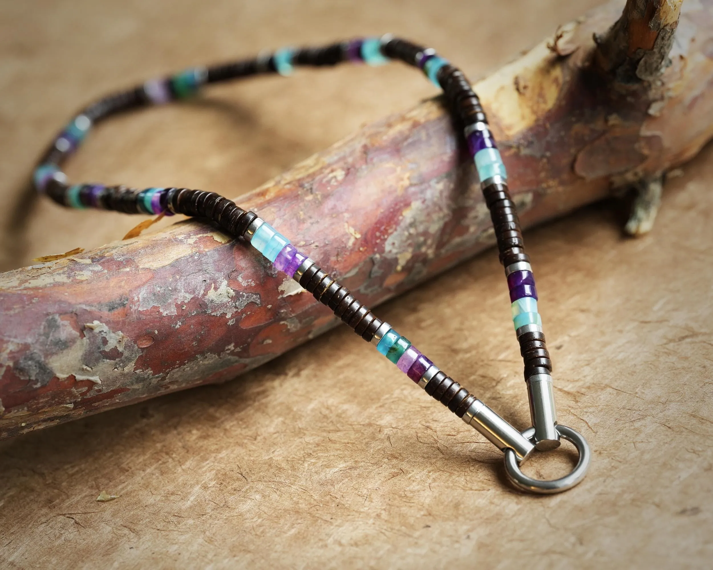 Mens Beaded Surfer Necklace African Bohemian Bead Choker Gift For Men Viking Chain with Stainless Steel Rounded Spring Clasp Coconut Beads