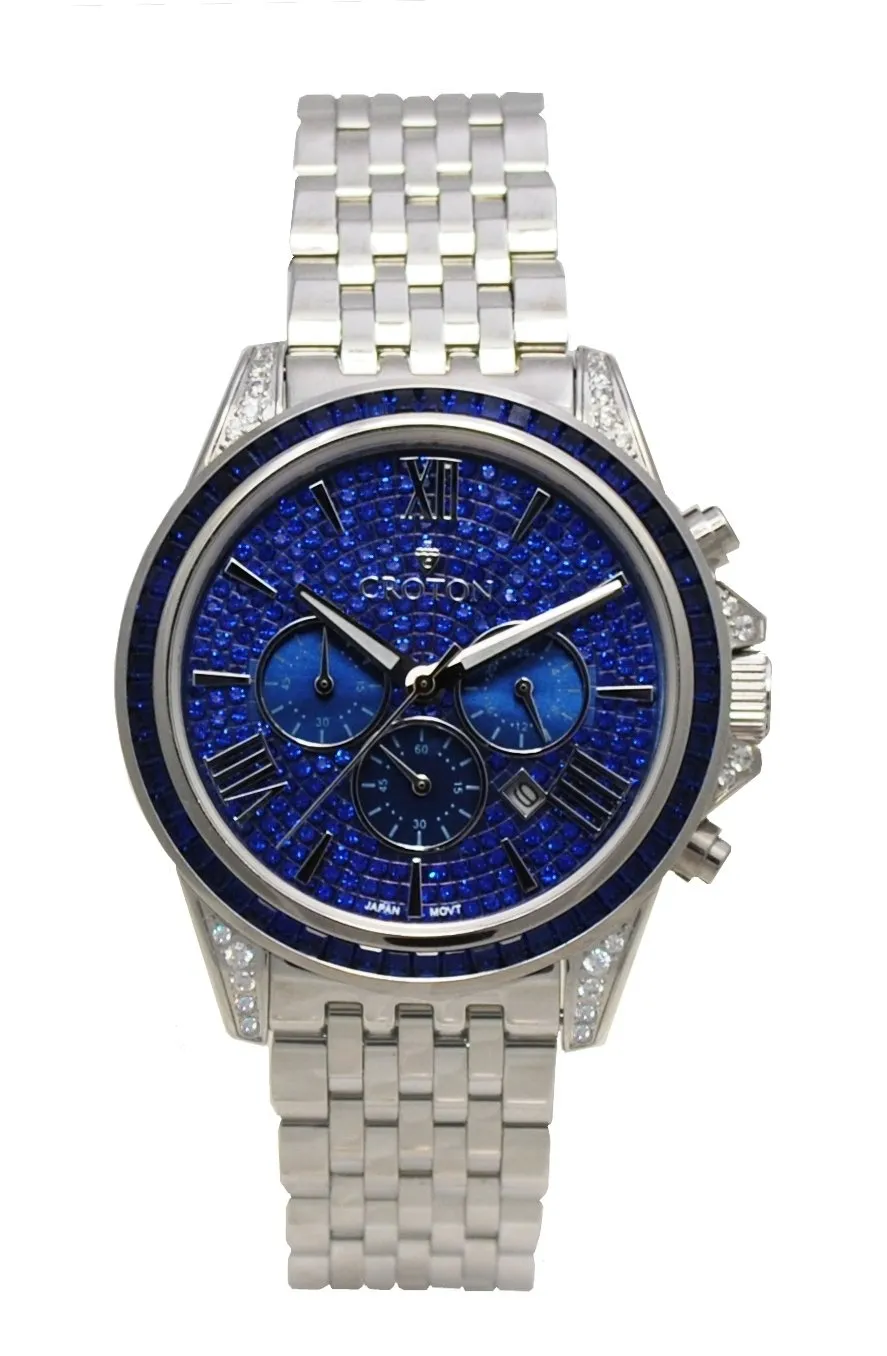 Men's Silvertone All Stainless Steel Chronograph with Blue Set Crystal Dial & Bezel