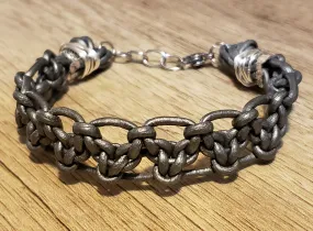 Metallic Gray Leather & Stainless Steel Chain Bracelet, Adjustable up to 9" with Lobster Claw Clasp.
 