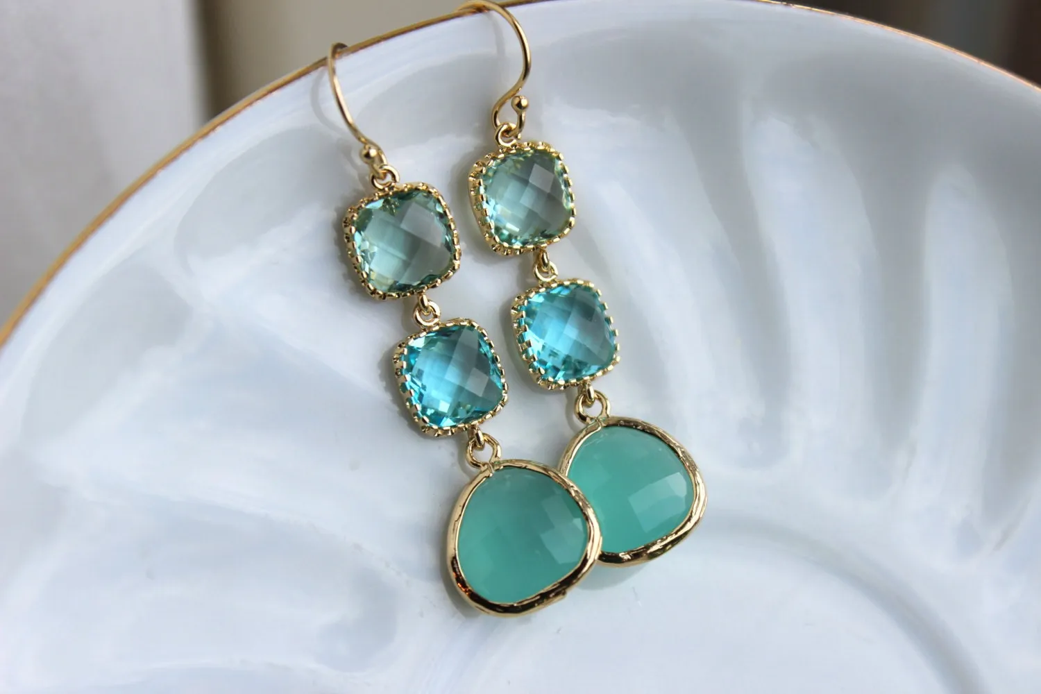 Mint Blue Aquamarine Earrings Gold Prasiolite Green Three Tiered Jewelry - Bridesmaid Earrings - Wedding Earrings Blue Green Wedding Jewelry