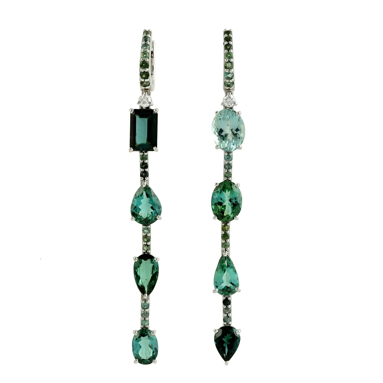 Mix Shape Green Tourmaline Pave Diamond 18K White Gold Beautiful Dangler Earrings Jewelry For Weddings