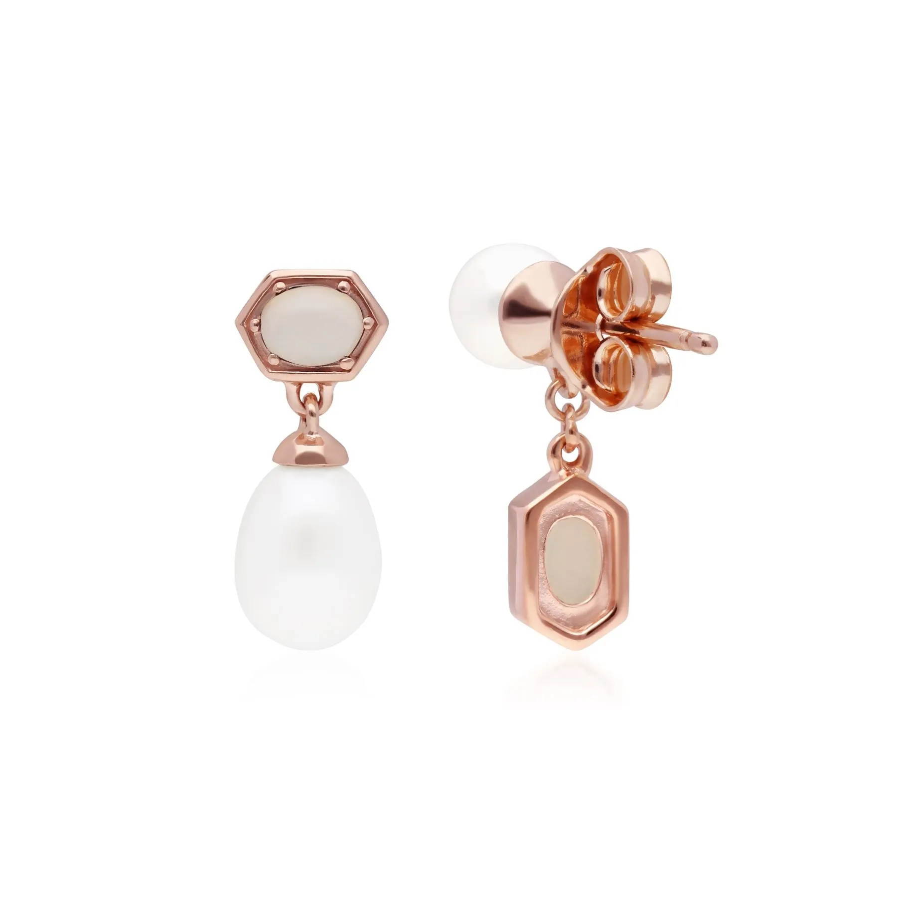 Moderne Perle & Opal Asymmetrische Tropfen Ohrringe in Rose Vergoldetem Sterling Silber