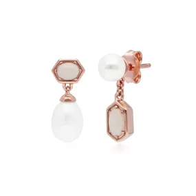 Moderne Perle & Opal Asymmetrische Tropfen Ohrringe in Rose Vergoldetem Sterling Silber