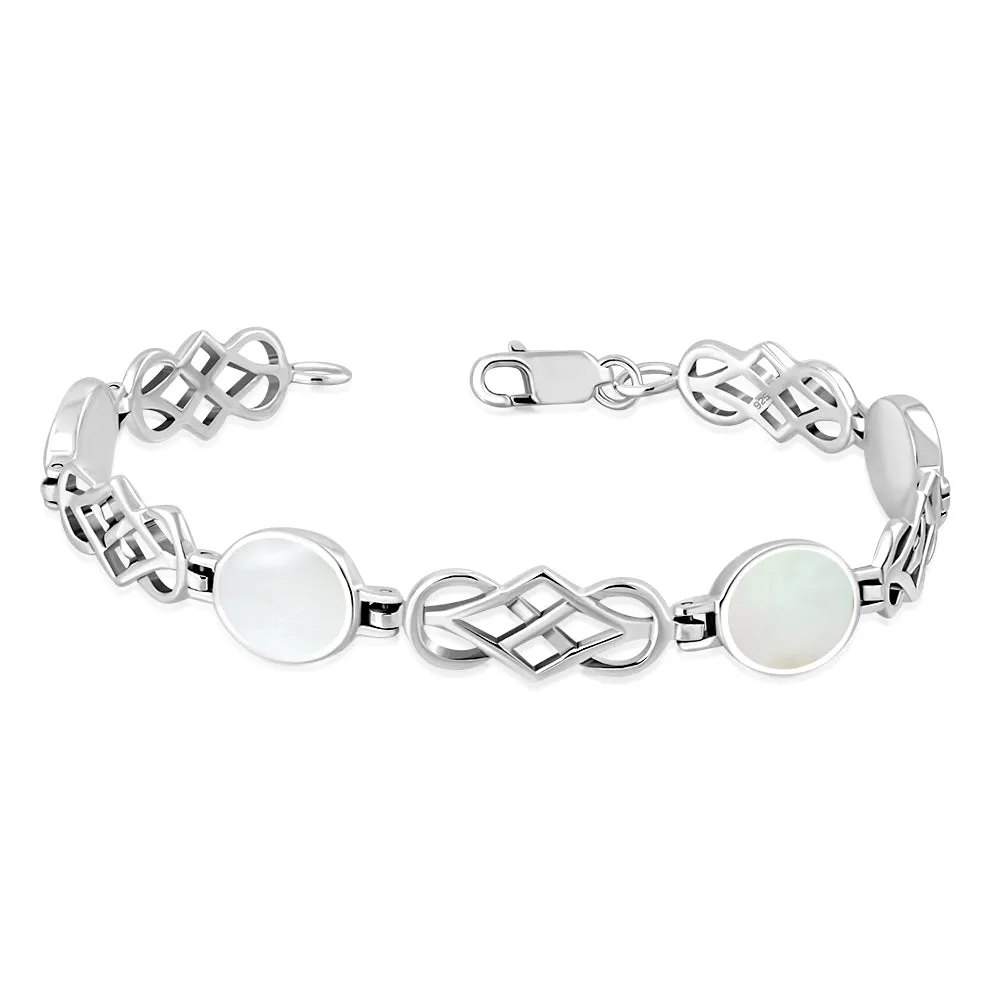 Mother Of Pearl Shell Oval Links Celtic Knot Silver Bracelet