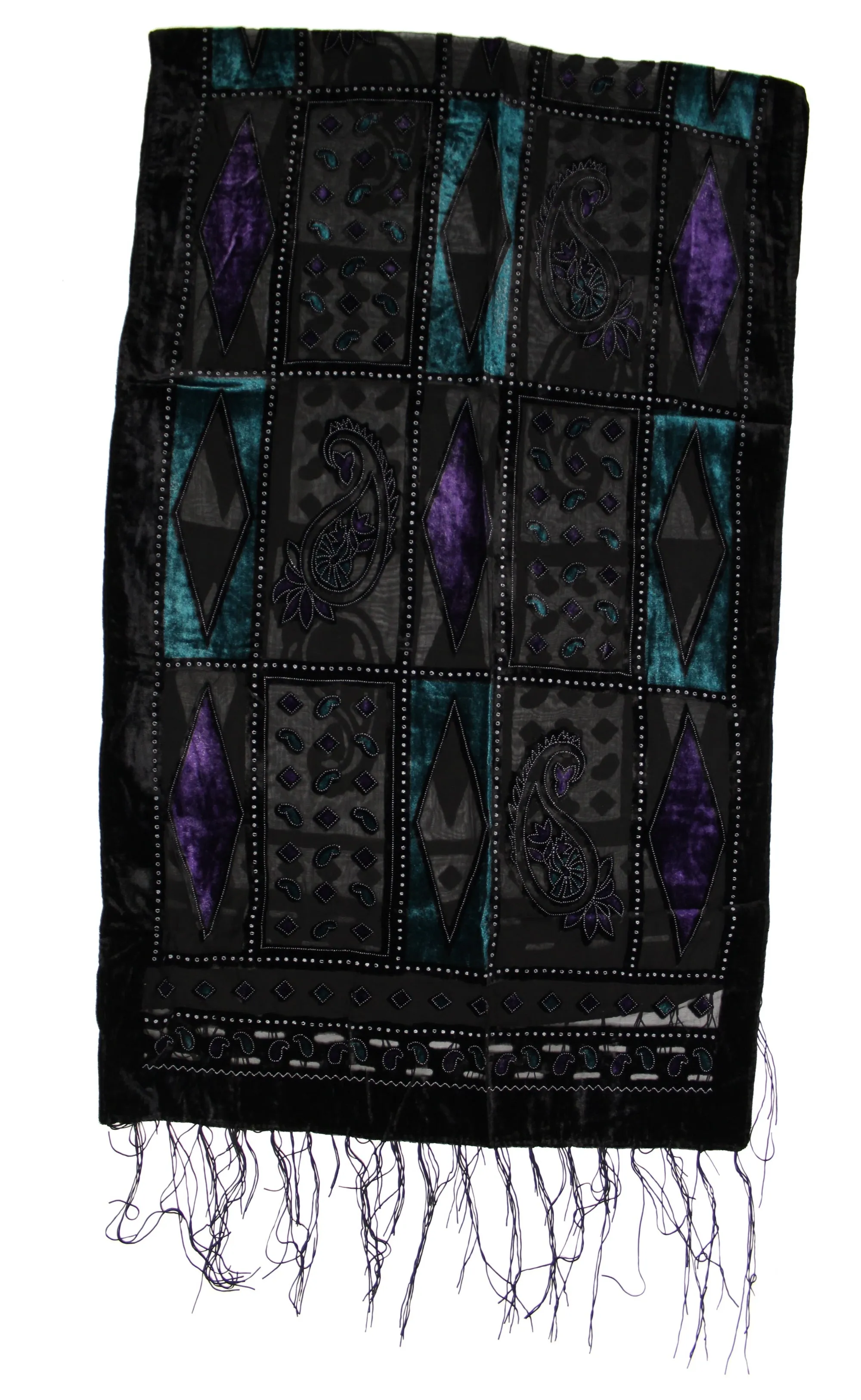 Multicoloured Diamond Patterned Devore Velvet Scarf with Black Boarder (160 x 52cm)