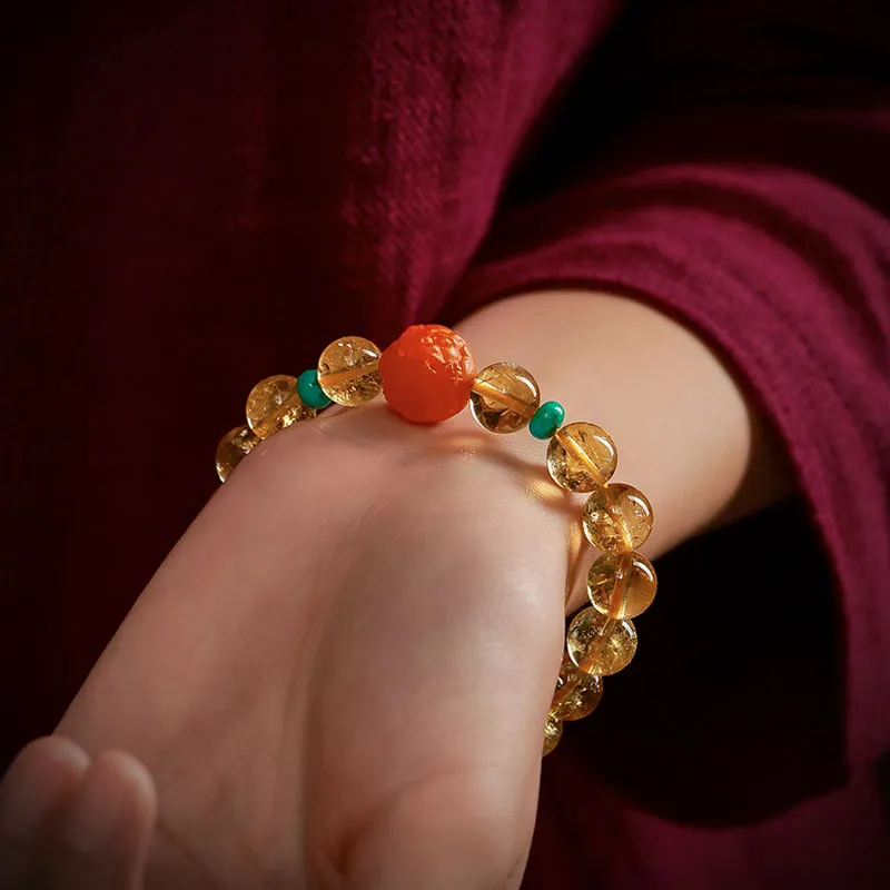 Natural Yellow Citrine Bracelet with South Red Agate Pixiu and Turquoise Beads