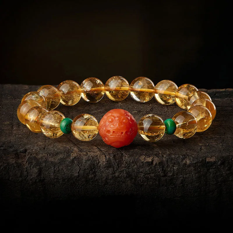 Natural Yellow Citrine Bracelet with South Red Agate Pixiu and Turquoise Beads