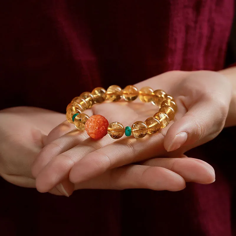 Natural Yellow Citrine Bracelet with South Red Agate Pixiu and Turquoise Beads