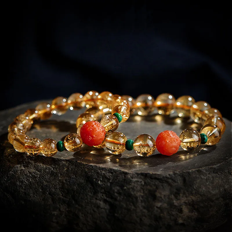 Natural Yellow Citrine Bracelet with South Red Agate Pixiu and Turquoise Beads