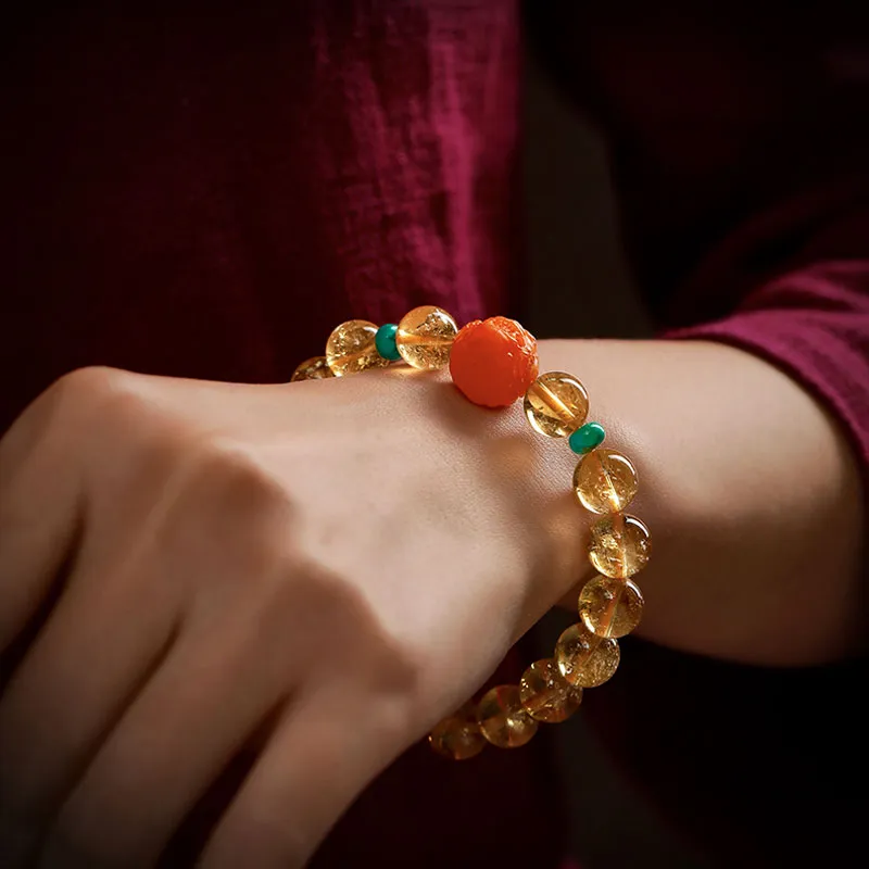 Natural Yellow Citrine Bracelet with South Red Agate Pixiu and Turquoise Beads