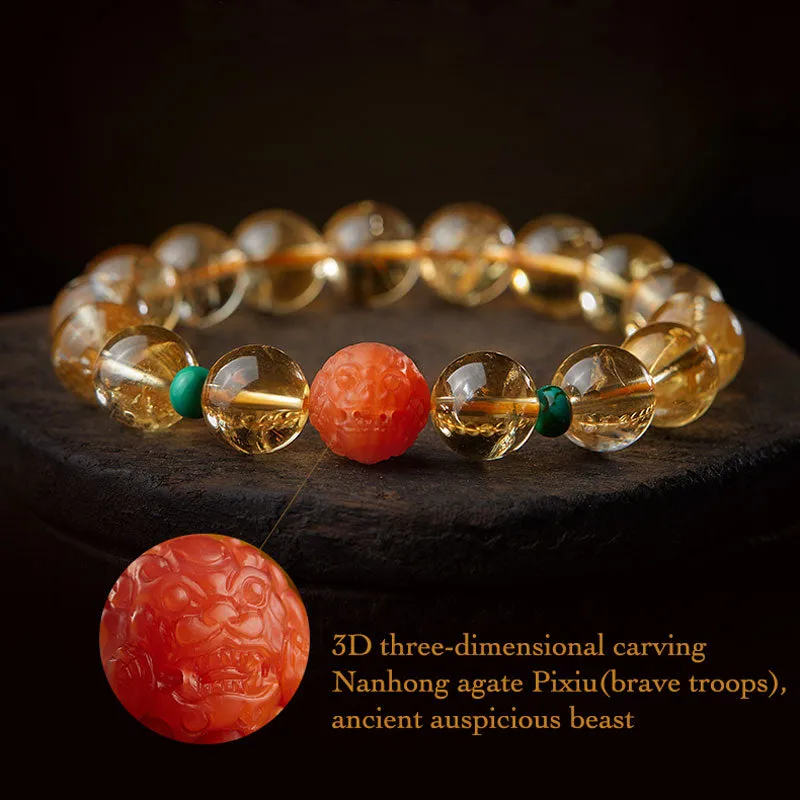 Natural Yellow Citrine Bracelet with South Red Agate Pixiu and Turquoise Beads