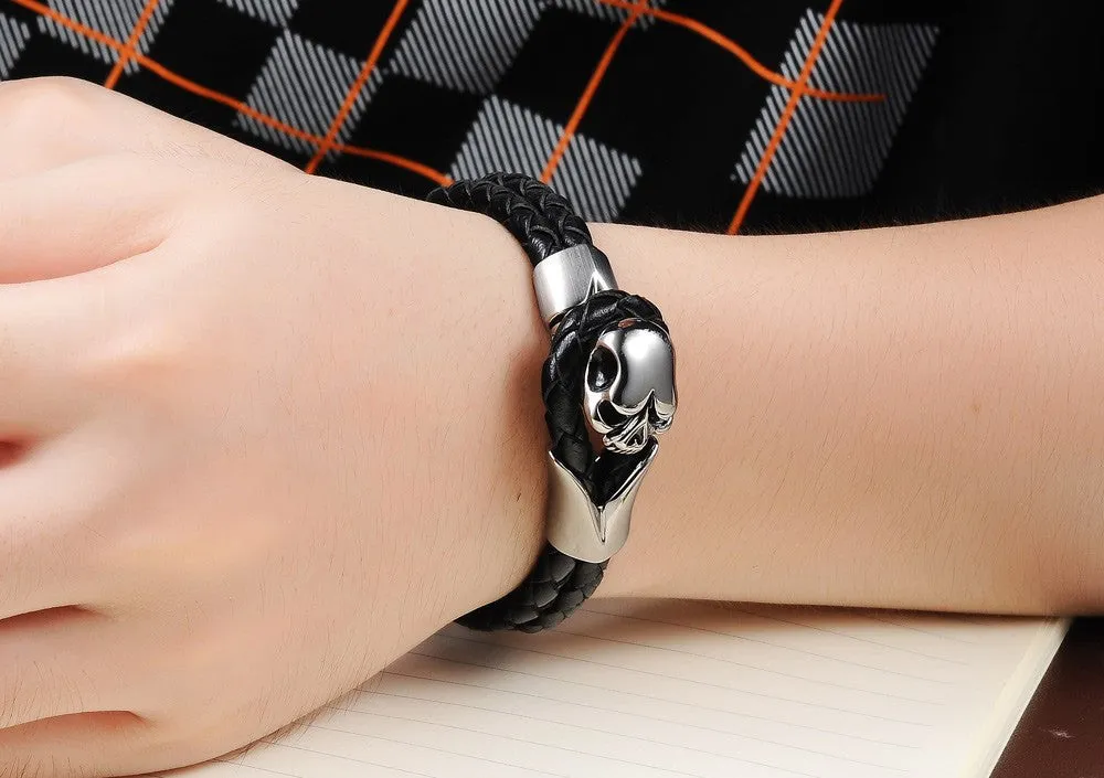 NEW Fashion jewelry Punk Skull Stainless Steel Black Genuine leather Personality Men Bracelet male Bangles