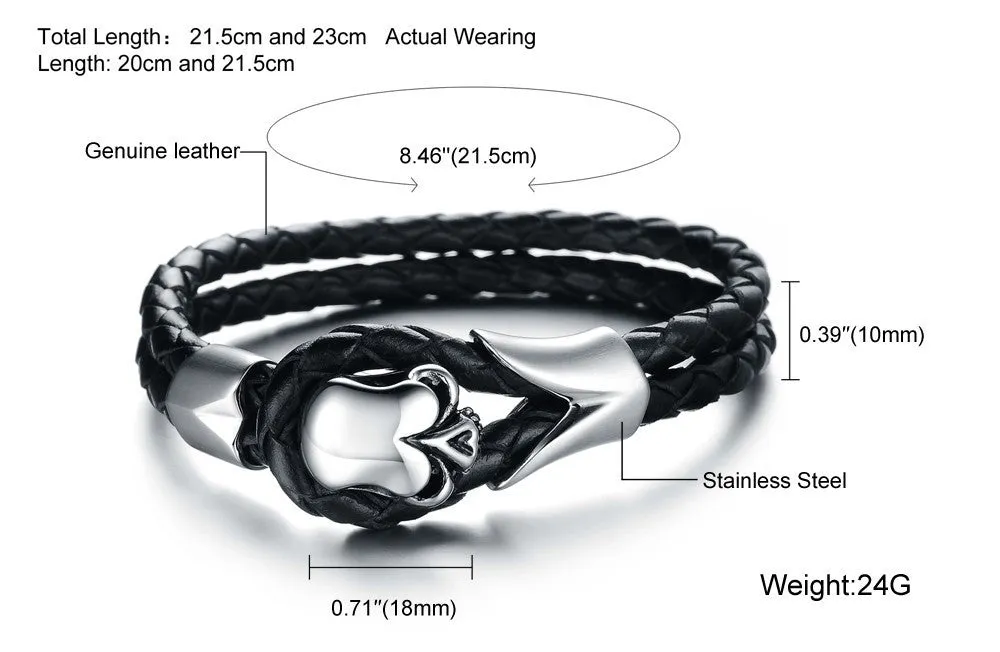 NEW Fashion jewelry Punk Skull Stainless Steel Black Genuine leather Personality Men Bracelet male Bangles