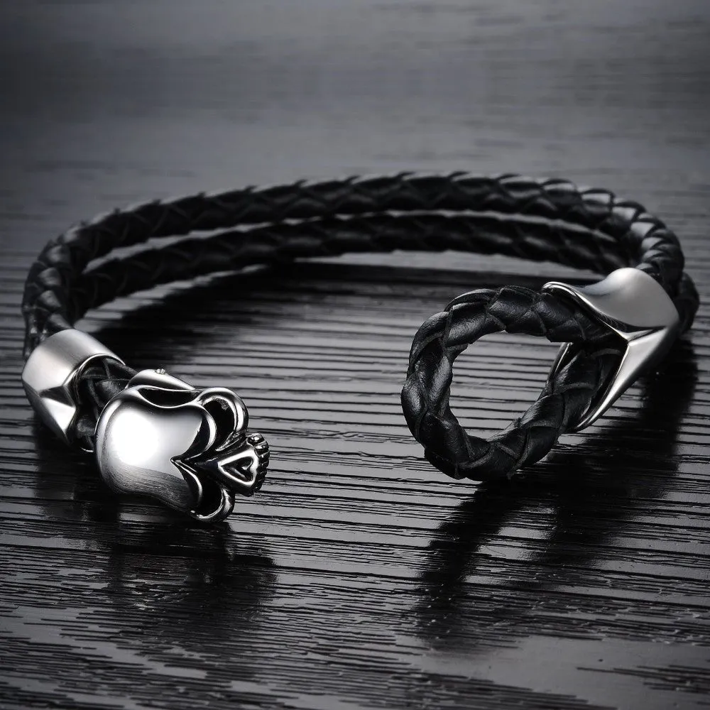 NEW Fashion jewelry Punk Skull Stainless Steel Black Genuine leather Personality Men Bracelet male Bangles