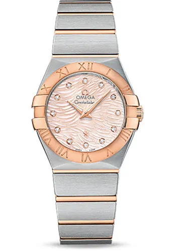 Omega Constellation Quartz Watch - 27 mm Steel Case - 18K Red Gold Bezel - Pink Mother-Of-Pearl Diamond Dial - 123.20.27.60.57.004