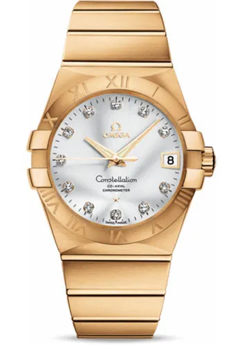 Omega Gents Constellation Chronometer Watch - 38 mm Brushed Yellow Gold Case - Silver Diamond Dial - 123.50.38.21.52.002