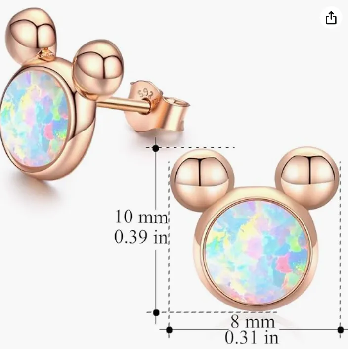 Opal Rose Gold Mouse Earrings Diamond Rat Earring Mouse Jewelry Womens Girls Teen Birthday Gift 925 Sterling Silver