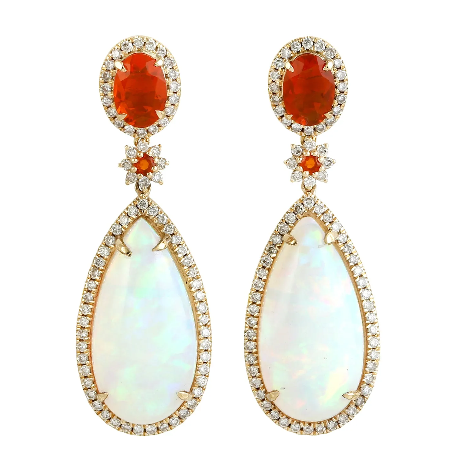 Oval Cut Fire Opal Pear Opal Ethiopian Pave Diamond 18K Yellow Gold Dangle Handmade Fine Earrings