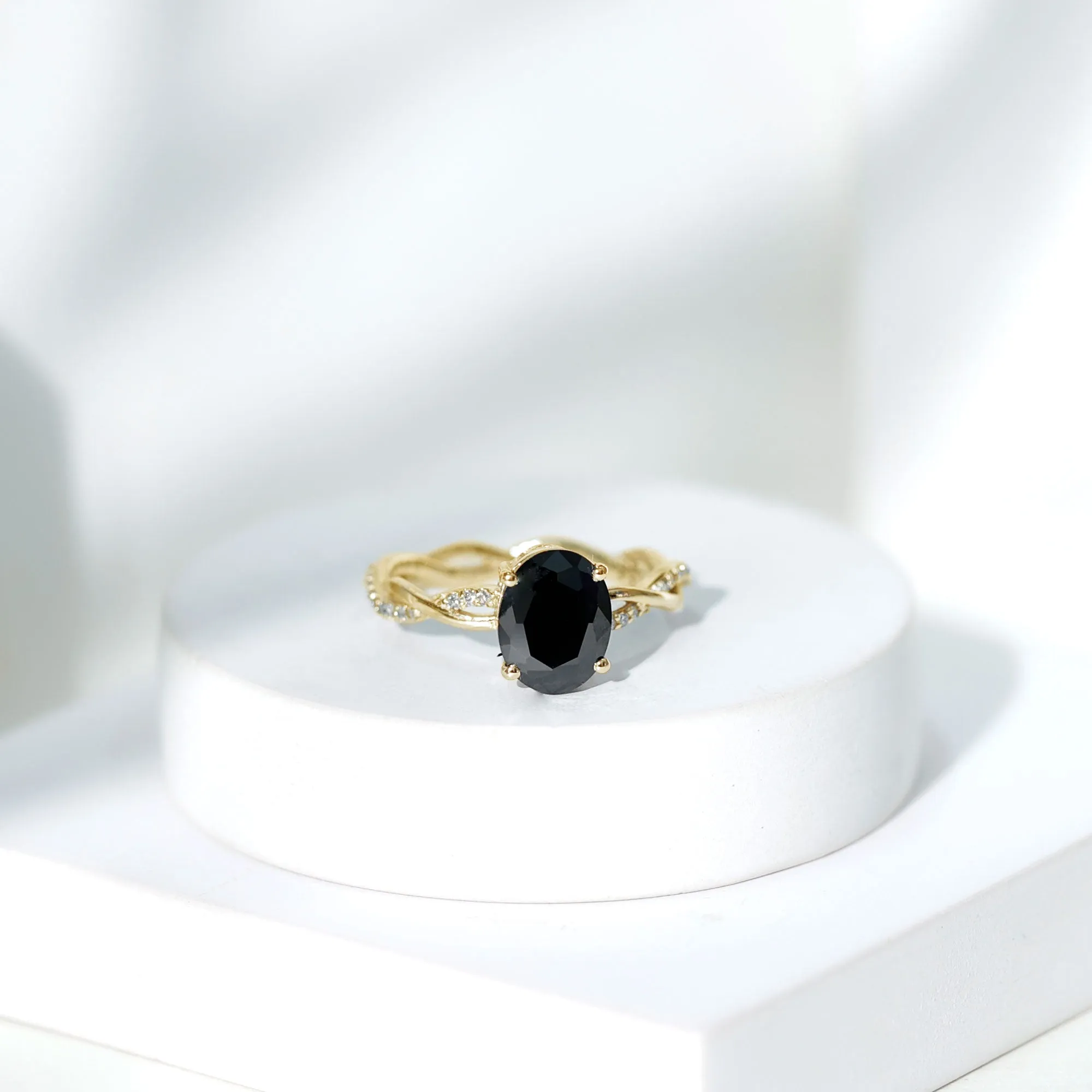 Oval Cut Solitaire Created Black Diamond Braided Engagement Ring with Diamond