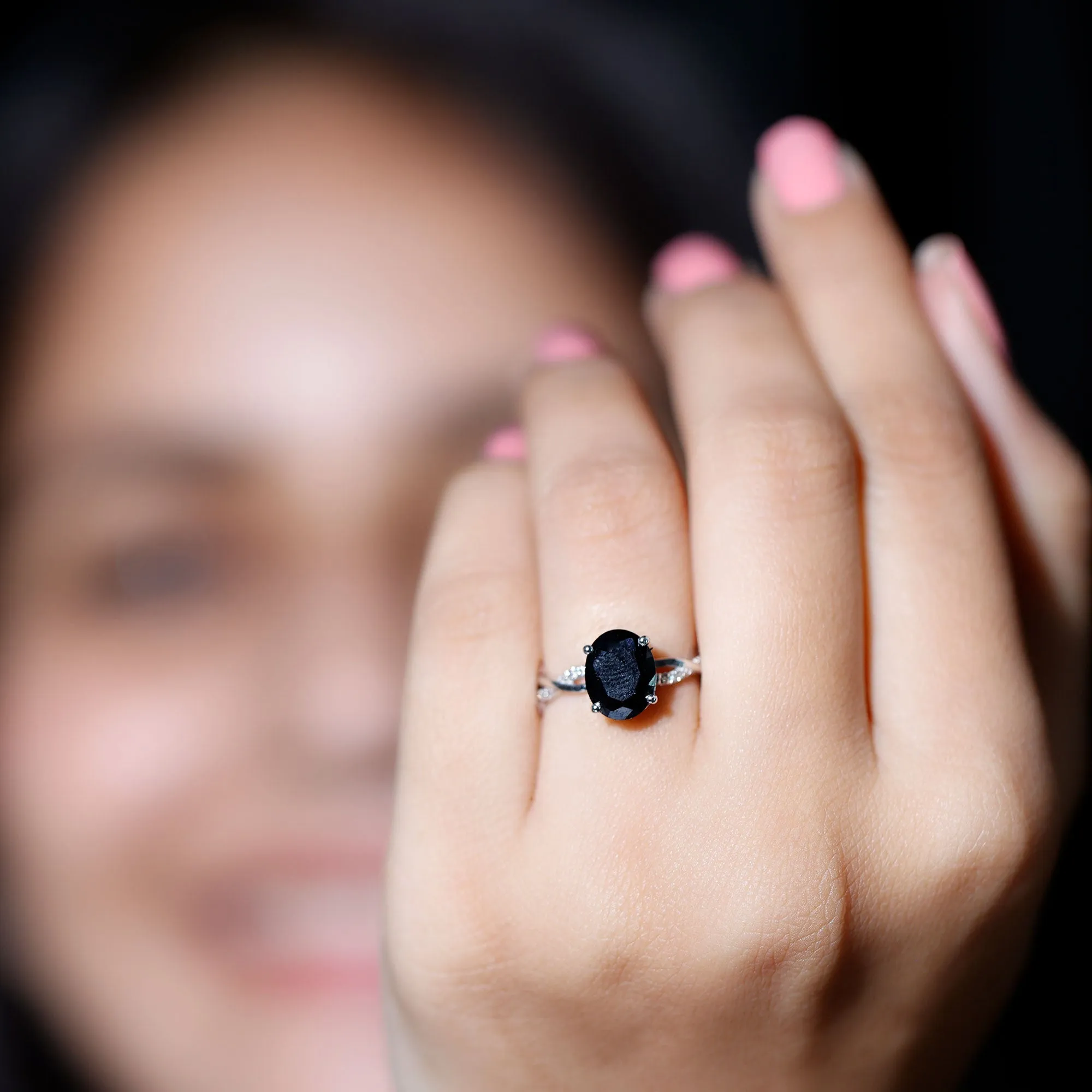 Oval Cut Solitaire Created Black Diamond Braided Engagement Ring with Diamond