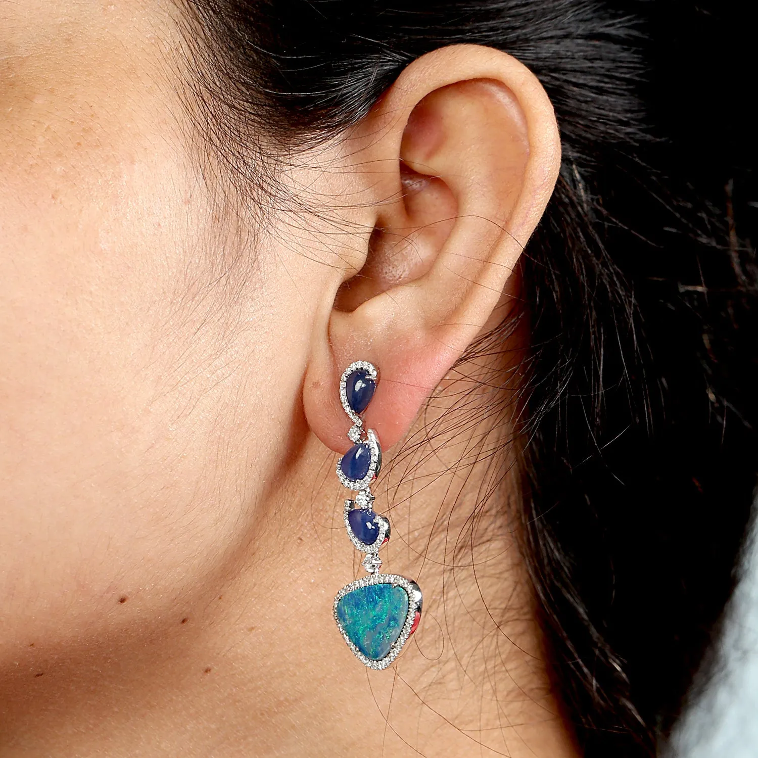 Pear Cut Blue Sapphire Triangle Opal Doublet Pave Diamond Designer Earrings In 18K White Gold For Women