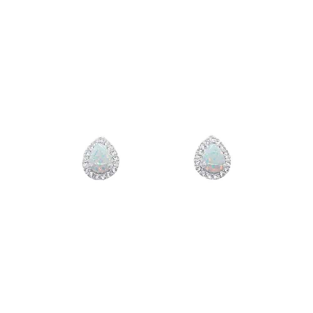 Pear Shaped Surround Stud Earrings with Synthetic White Opal and Cubic Zirconia in Sterling Silver