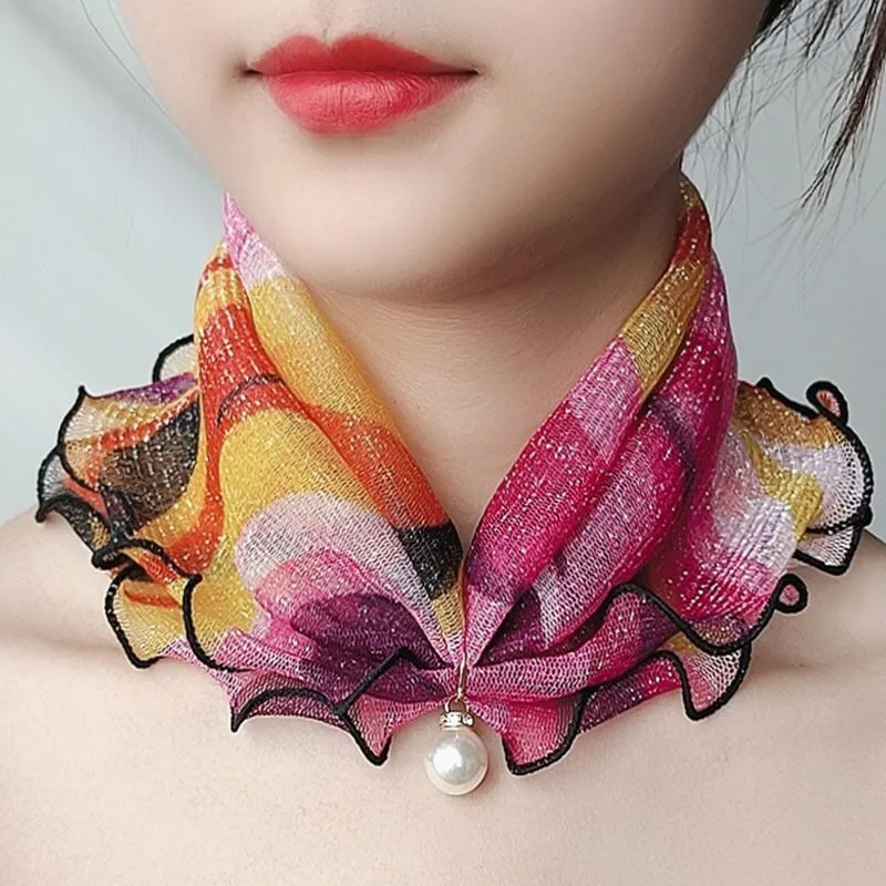 Pearl Pendant Scarf Necklace Vintage Leopard Pattern Dot Printing Scarf Trendy Crimping Elastic Women All-Match Scarves